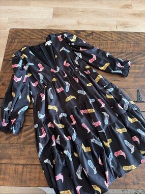 She + Sky Black Midi Dress with Pink Blue and Yellow Boot Print
